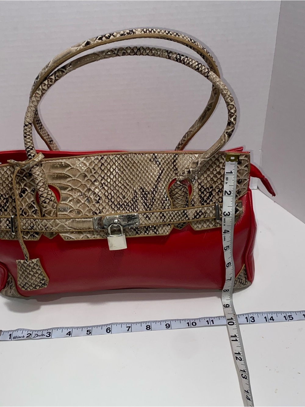 Bolma Red & Snake Print Satchel Handbag - Picture 6 of 8